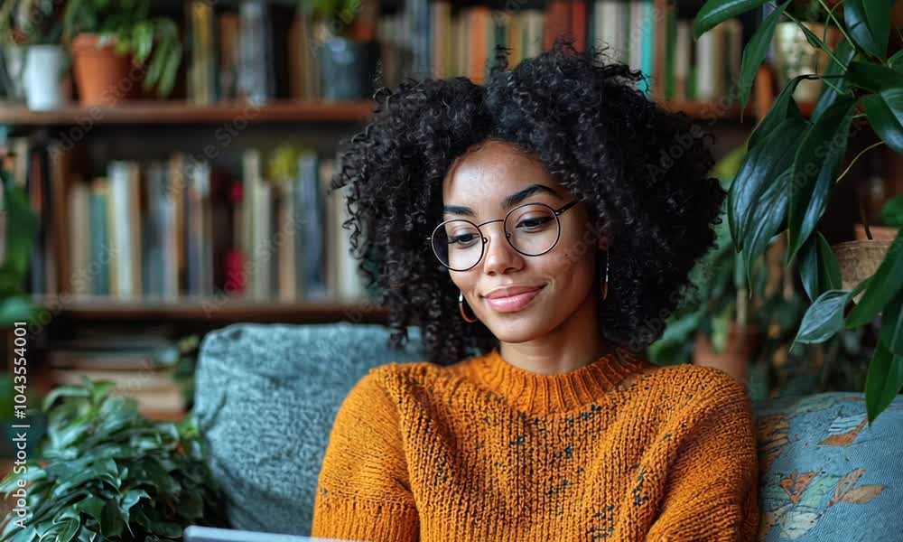A woman in an orange sweater smiles while using a laptop at home. A woman in an orange sweater smiles while using a laptop at home.