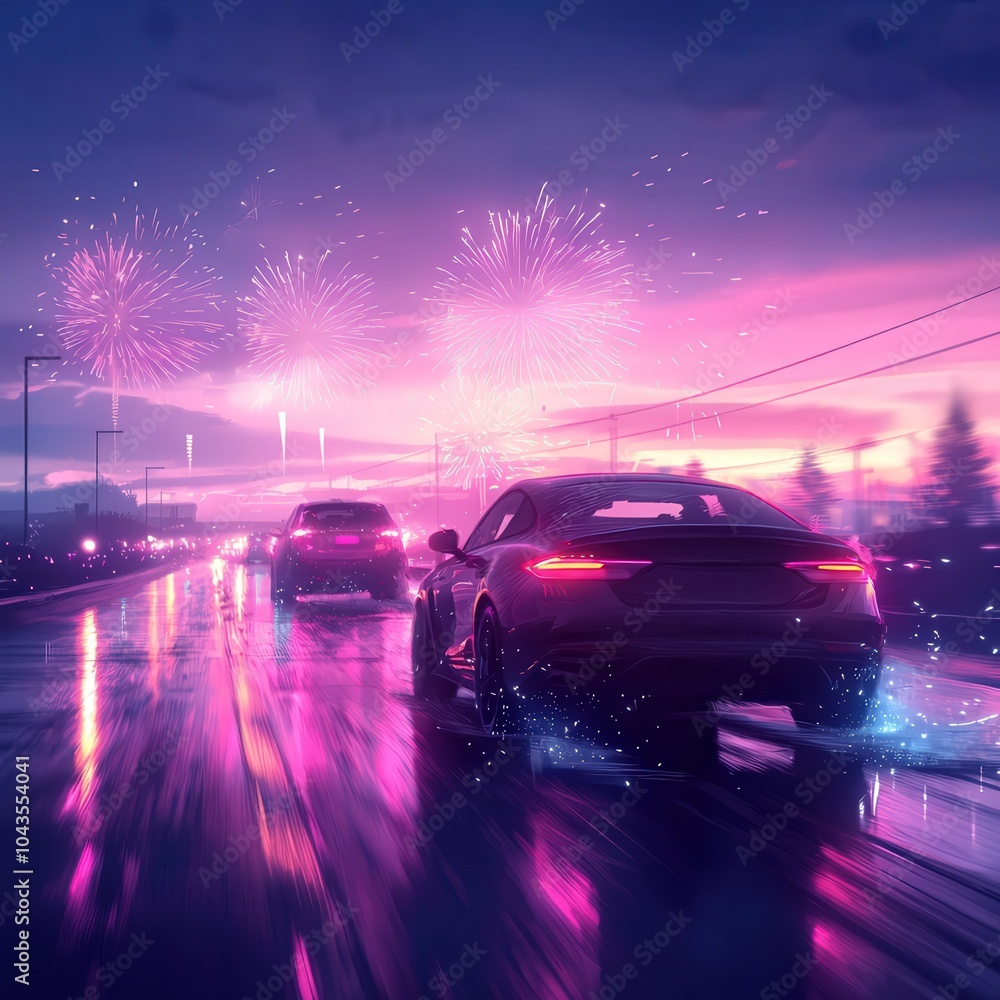 Fototapeta premium Vibrant Night Drive Through Colorful Fireworks and Reflections on Wet Streets
