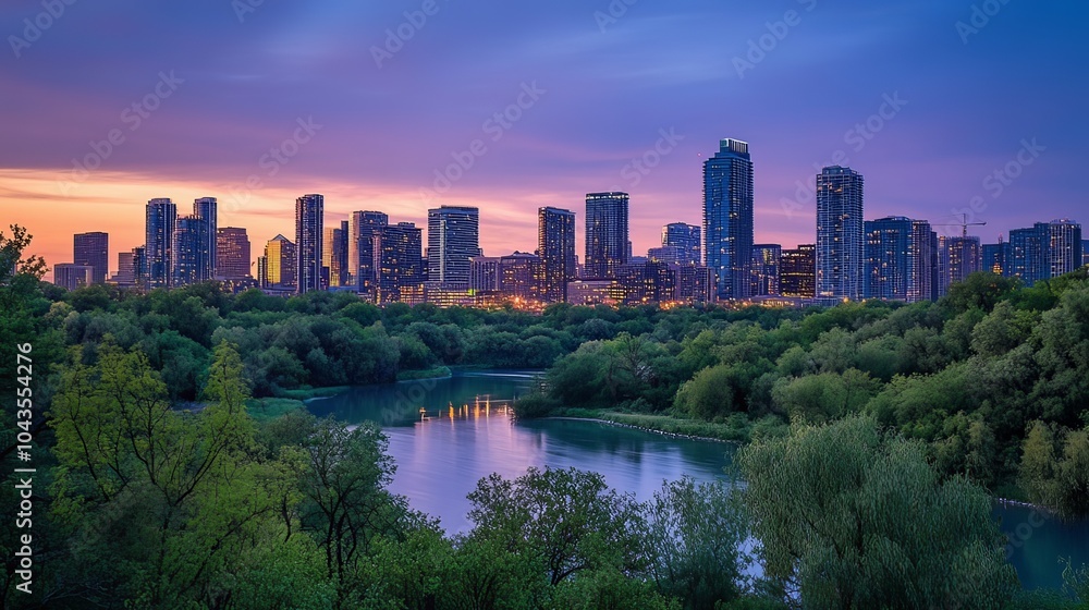Fototapeta premium An artistic shot of a modern city skyline during twilight, highlighting the contrast between nature and urban architecture.