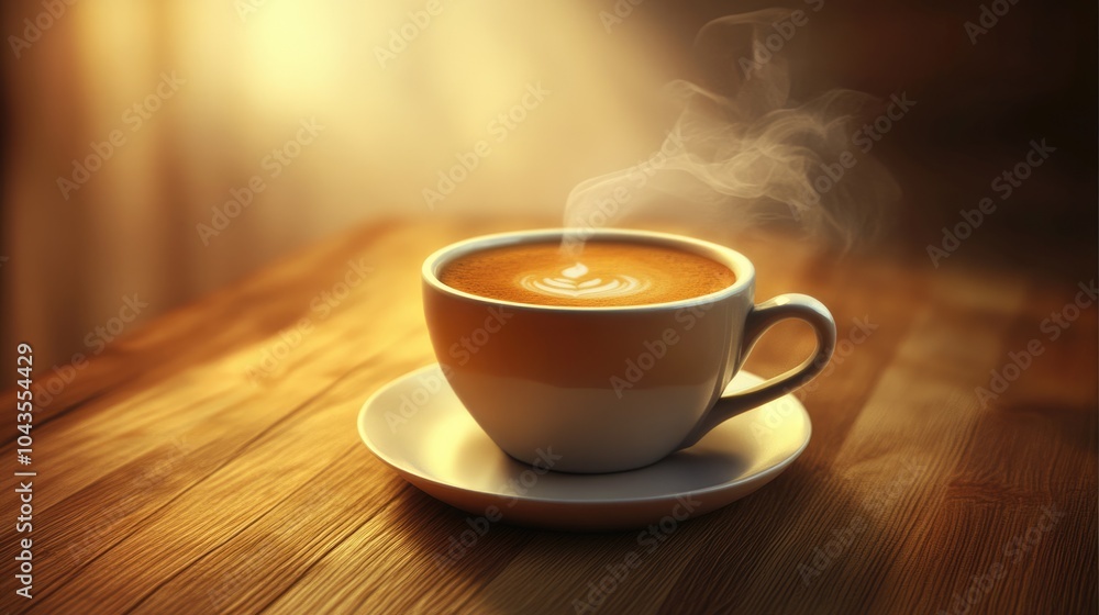 Fototapeta premium Morning Aroma: Hot Coffee Beverage on Wooden Table Background