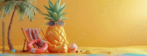 Pineapple Relaxing On Beach Chair With Sunglasses and Beach Ball