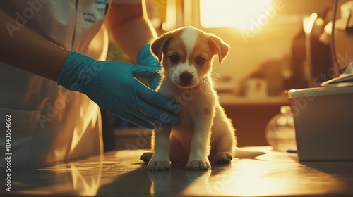 A cute puppy being examined by a veterinarian in a warm, welcoming environment. photo