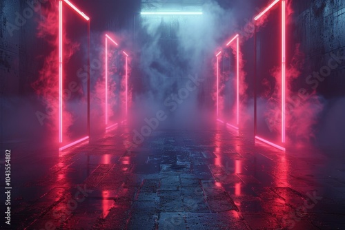 Red and Blue Neon Lights Illuminate a Grungy Concrete Room