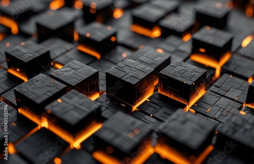 Abstract Black Cubes With Glowing Orange Lines
