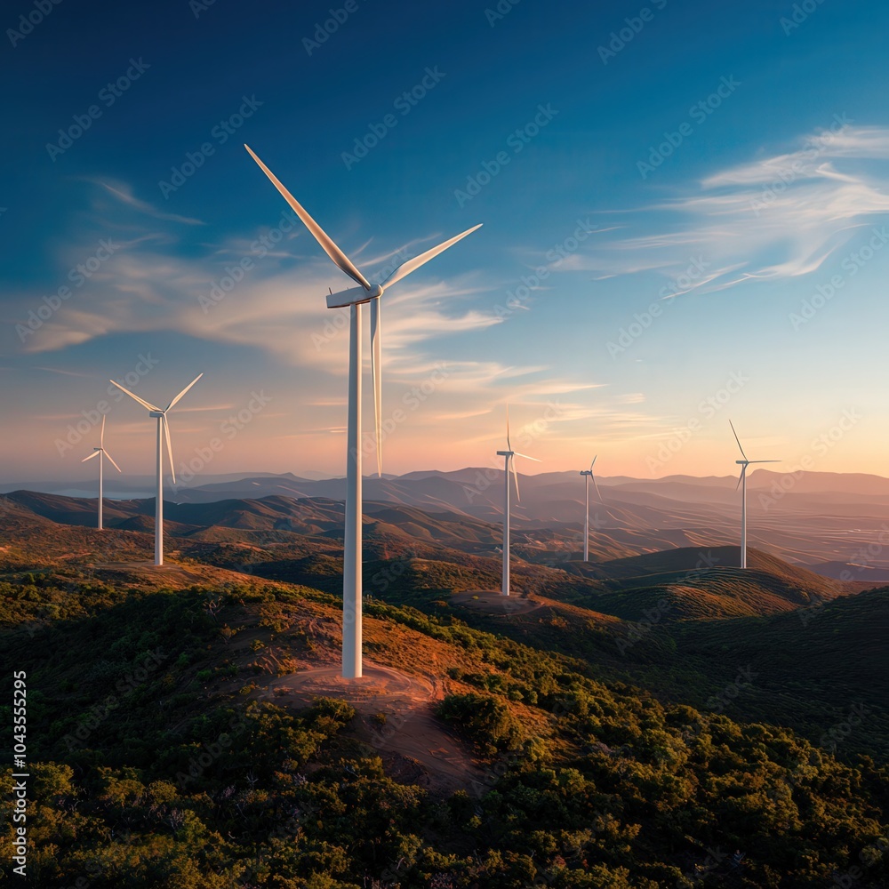 Obraz premium Renewable Energy Landscape Featuring Wind Turbines in a Scenic Natural Setting