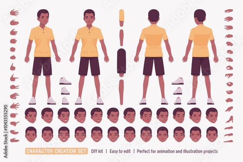 Handsome dark skin man DIY character creation set. Confident guy wearing polo shirt, shorts, body figure parts. Head, leg, hand gestures, different emotions, construction kit. Vector illustration