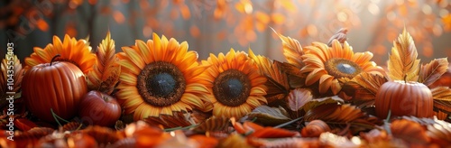 Sunflowers and Pumpkins on a Bed of Autumn Leaves