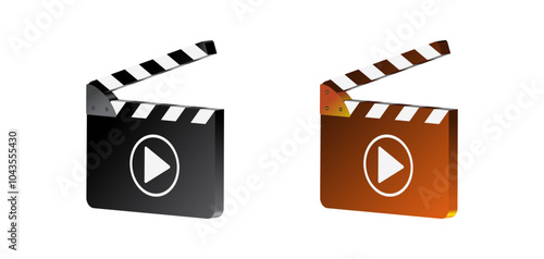 3d clapper board set with play button, black gold color vector design. Movie production icon illustration to use for motion picture, television, cinema, film production, cinematography project.