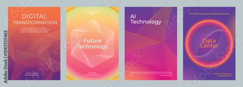 Set of four technology posters featuring digital transformation, future technology, AI technology, and data centers with geometric designs. Digital transformation, colorful poster template vector set.
