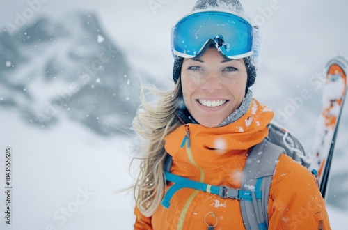 Woman Smiling in Ski Gear on Snowy Mountain