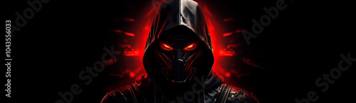 Portrait of an anonymous masked humanoid robot wearing a black hoodie looking at camera with his red eyes, on a black dark and red background with copy space. Generative Ai.