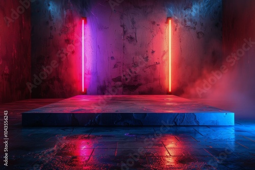 Red and Blue Neon Lights Illuminate a Grungy Concrete Room