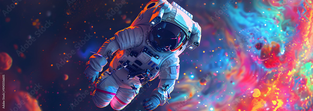 Fototapeta premium Floating astronaut in costume ping through nebula abstract background.