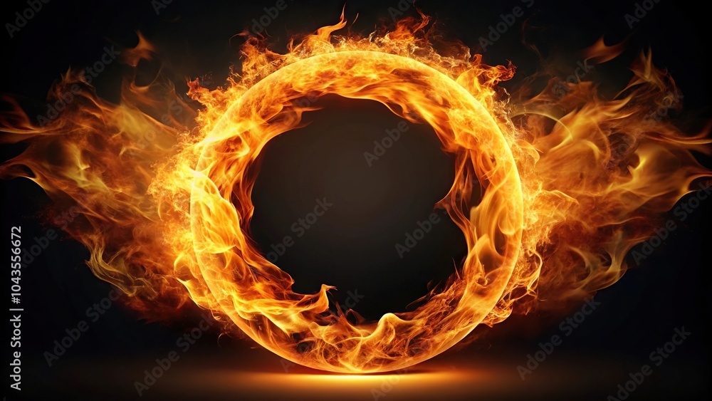 Fototapeta premium Round fire shape flame isolated on black forced perspective