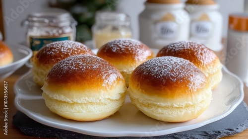 Wallpaper Mural German Berliner, Krapfen, donut, doughnut served on plate.  Traditional German doughnut with powdered sugar on top. Torontodigital.ca