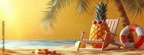 Pineapple Relaxing On Beach Chair With Sunglasses and Beach Ball