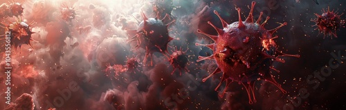 Microscopic View of a Red Virus With Spikes Against a Dark Background