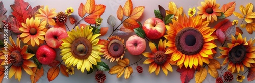 Sunflowers and Pumpkins on a Bed of Autumn Leaves