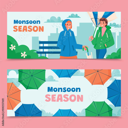 Hand drawn flat monsoon season banner set