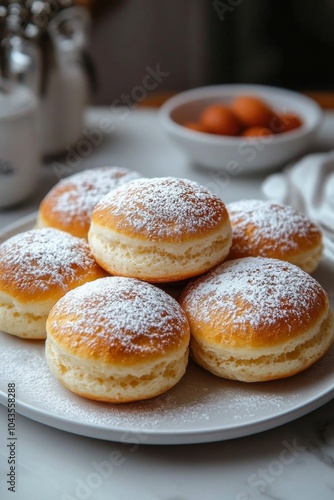 Wallpaper Mural German Berliner, Krapfen, donut, doughnut served on plate.  Traditional German doughnut with powdered sugar on top. Torontodigital.ca