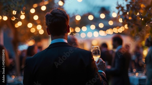 A man in a tailored suit stands with back to the camera casually holding a glass of bubbly while observing the lively crowd gathered . .