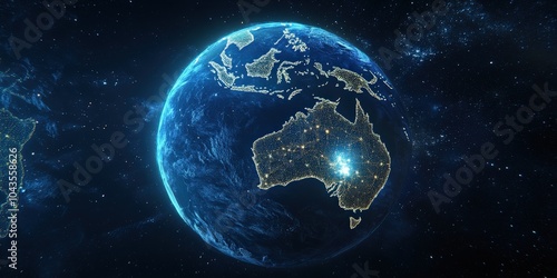 Australia And New Zealand. Planet Earth Lit with Air Route Network in 3D Rendering