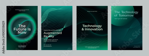 Futuristic technology posters. Themes augmented reality, innovation, and the future. Modern and sleek technology visuals. Environmental technology, green poster template vector set.