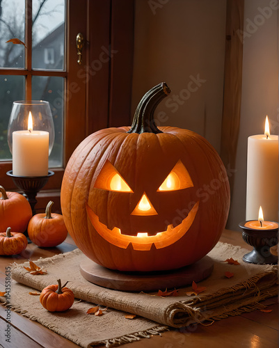 Smiling halloween pumpkin with candles photo