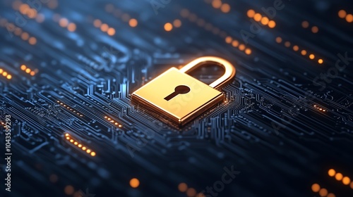 Glowing digital padlock icon with moving encryption data around it, dark blue cyber background, cybersecurity padlock, fraud and privacy network