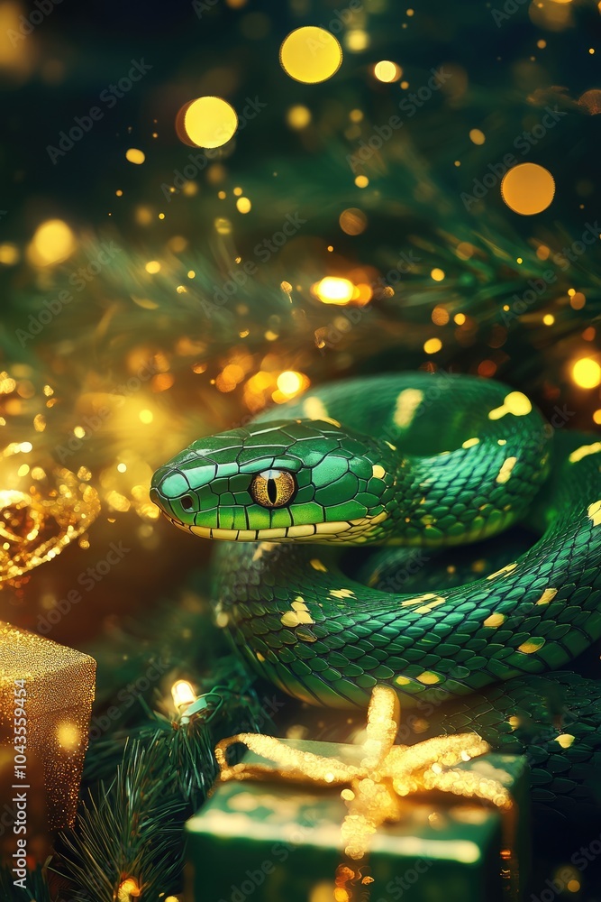 Green snake next to gifts in gold packaging, symbol of 2025 according to the Chinese calendar Green snake next to gifts in gold packaging, symbol of 2025 according to the Chinese calendar