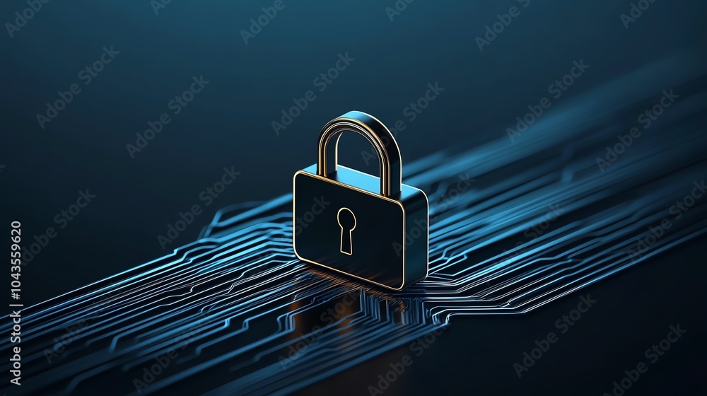 Sleek digital padlock icon with light trails, set against a cyber grid with deep blue tones, cybersecurity technology, fraud and privacy protection
