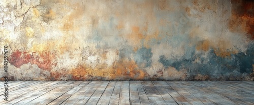 vintage, grunge interior room with floor, wall is in pastel tones