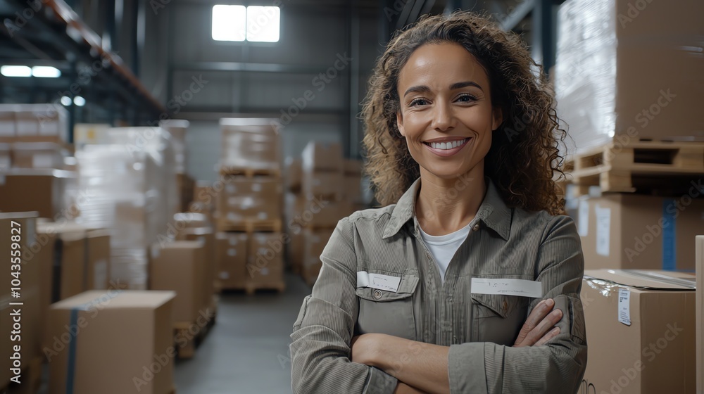 Fototapeta premium Employee checking package weight, streamlined packaging process, warehouse