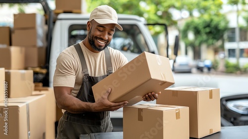 Employee loading boxes into a truck, lastmile delivery preparation, busy day photo