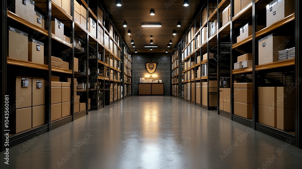 Modern storage facility with automated shelving, hightech and organized Modern storage facility with automated shelving, hightech and organized