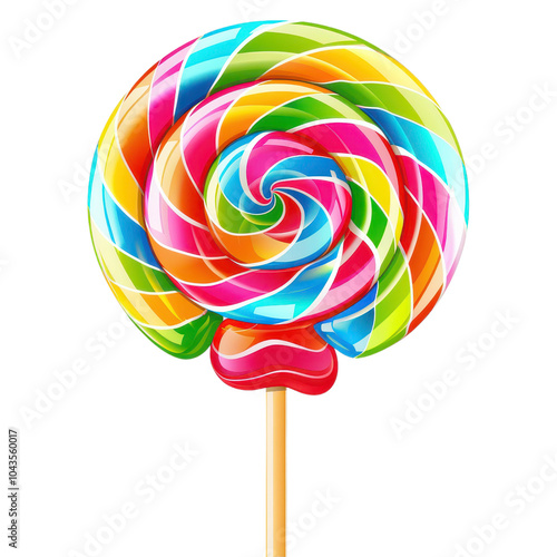 A vibrant, colorful lollipop showcasing swirls of rainbow hues, perfect for sweet-themed designs and food-related projects.