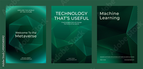 Three green tech posters featurings of metaverse, technology, and machine learning. Futuristic design with geometric patterns and digital. Environmental technology, green poster template vector set.