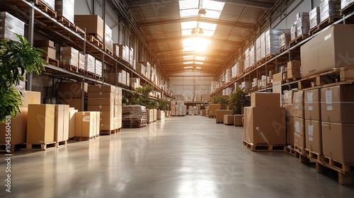 Warehouse interior with skylights, bright and spacious, clean logistics environment