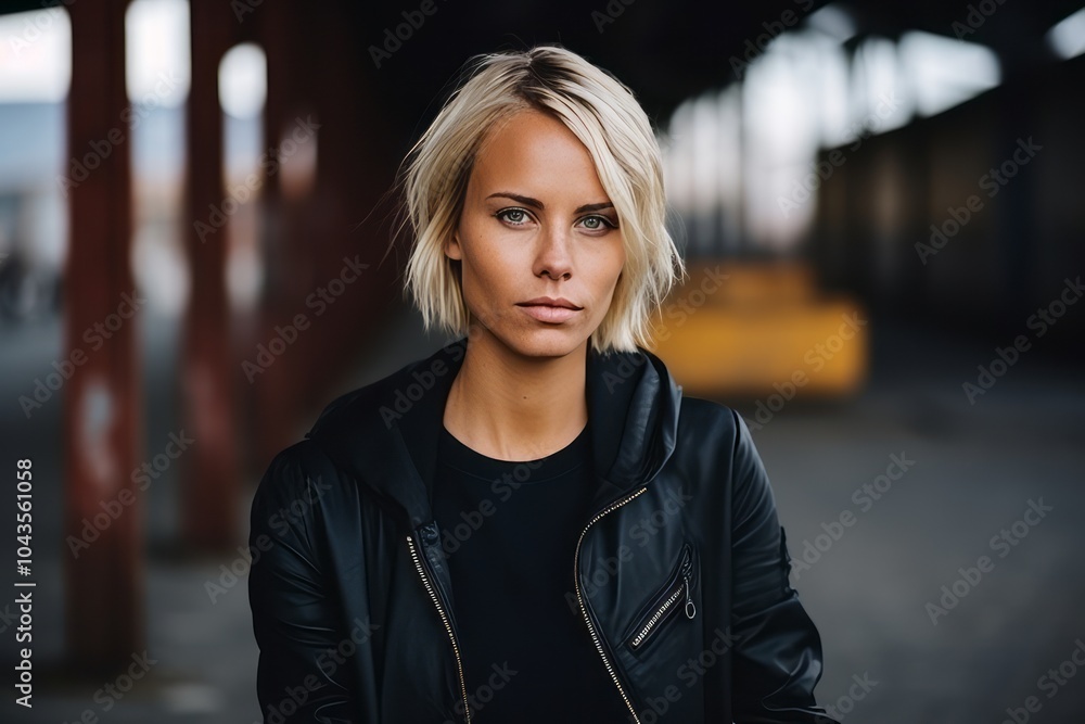 Portrait of a beautiful blonde woman in a black leather jacket. Portrait of a beautiful blonde woman in a black leather jacket.