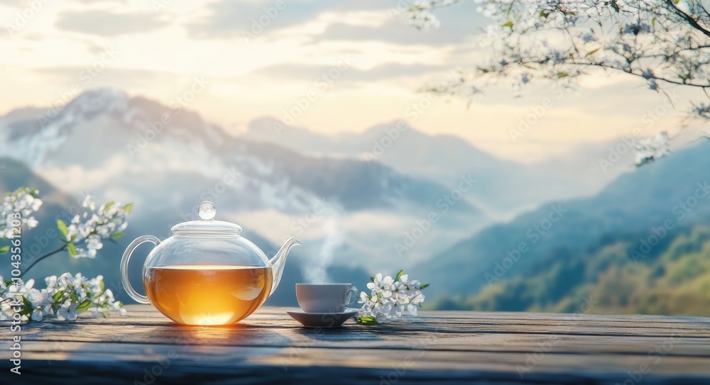 Tranquil Tea Ceremony with Mountain Landscape and Traditional Asian Pot Tranquil Tea Ceremony with Mountain Landscape and Traditional Asian Pot