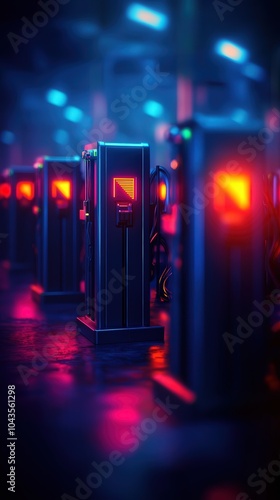 Futuristic Charging Stations Illuminated in Neon Glow for Electric Vehicles at Night