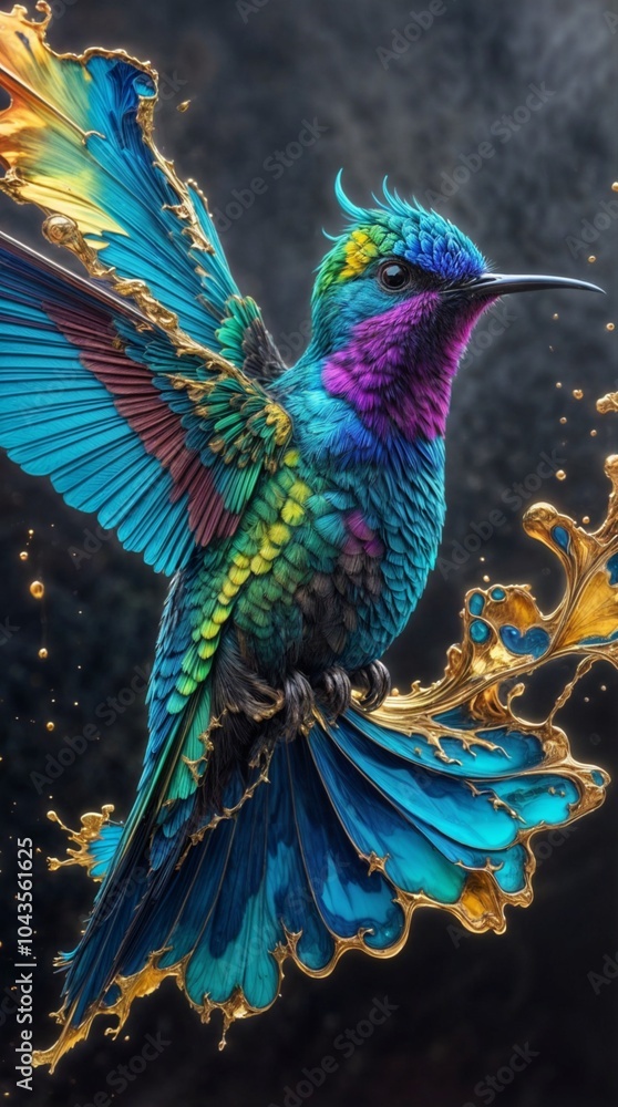 Obraz premium A 3D render of hyper-realistic alcohol ink artwork of a mysterious hummingbird.
