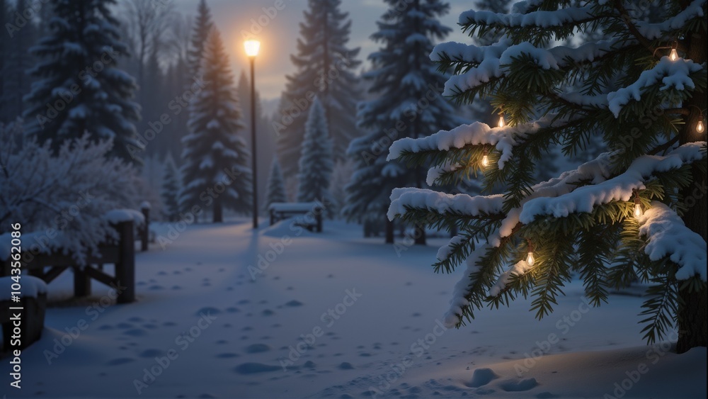 Christmas tree branch with glowing garland in snowy forest background at night
Christmas tree branch with glowing garland in snowy forest background at night