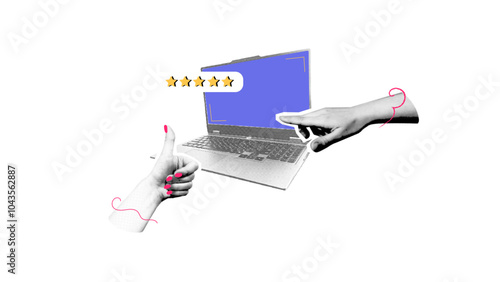 collage with laptop hands in halfton style. punk design for poster with review in fashionable halfton style