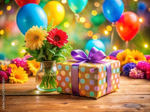 Colorful Birthday Gift with Balloons and Flowers in a Festive Party Atmosphere