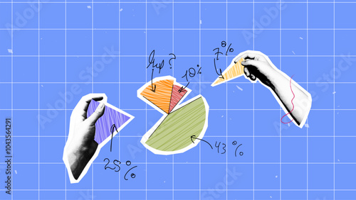 collage design with pie chart with statistics in vector style with handwritten notes with halfton hands cut out