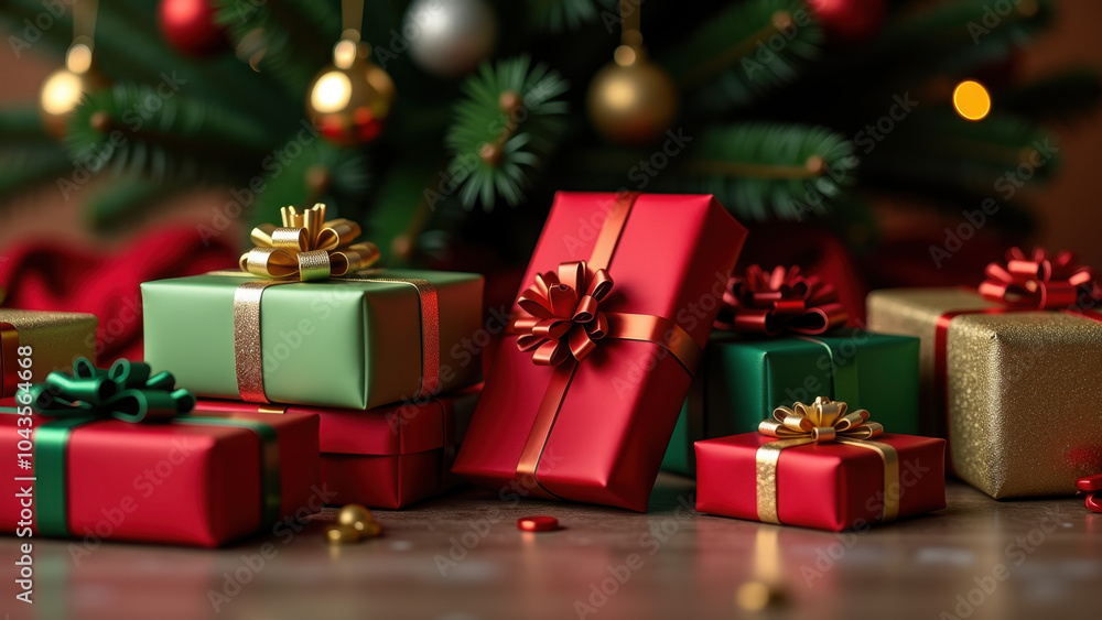 Christmas presents in vibrant colors, creating a warm and joyful holiday atmosphere. Christmas presents in vibrant colors, creating a warm and joyful holiday atmosphere.