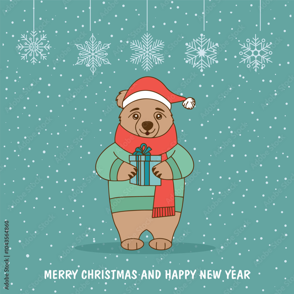 Vector New Year card. A cute bear in a New Year's sweater with a gift in its paws. Christmas card. Vector New Year card. A cute bear in a New Year's sweater with a gift in its paws. Christmas card.