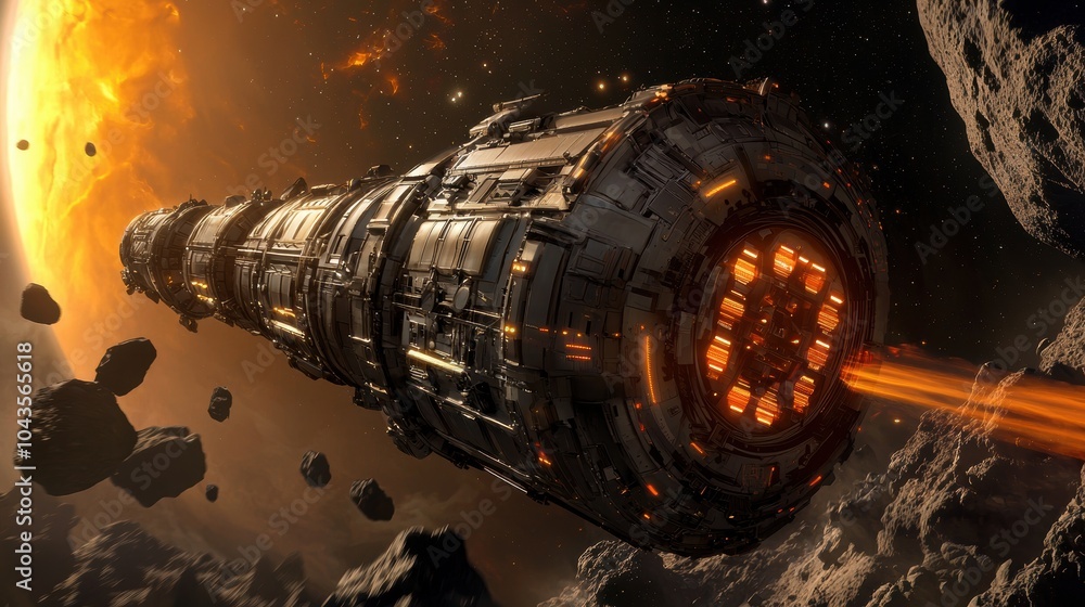 A futuristic spaceship traveling through an asteroid field, powered by fiery propulsion, set against a vibrant sun. A futuristic spaceship traveling through an asteroid field, powered by fiery propulsion, set against a vibrant sun.