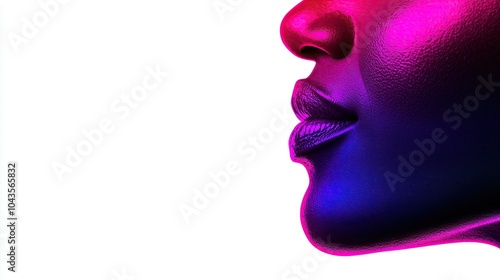 young woman face profile lit in vibrant pink blue hues copy space